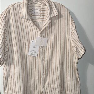 Men's XL Denim & Flower Short-Sleeve Striped Button-Down Shirt; Cream & Tan; NWT